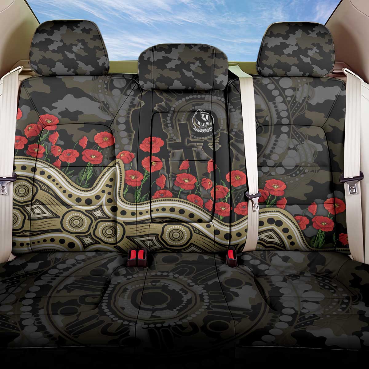 Collingwood Magpies ANZAC Day Back Car Seat Cover Indigenous Dot Art with Poppy Flower Tribute