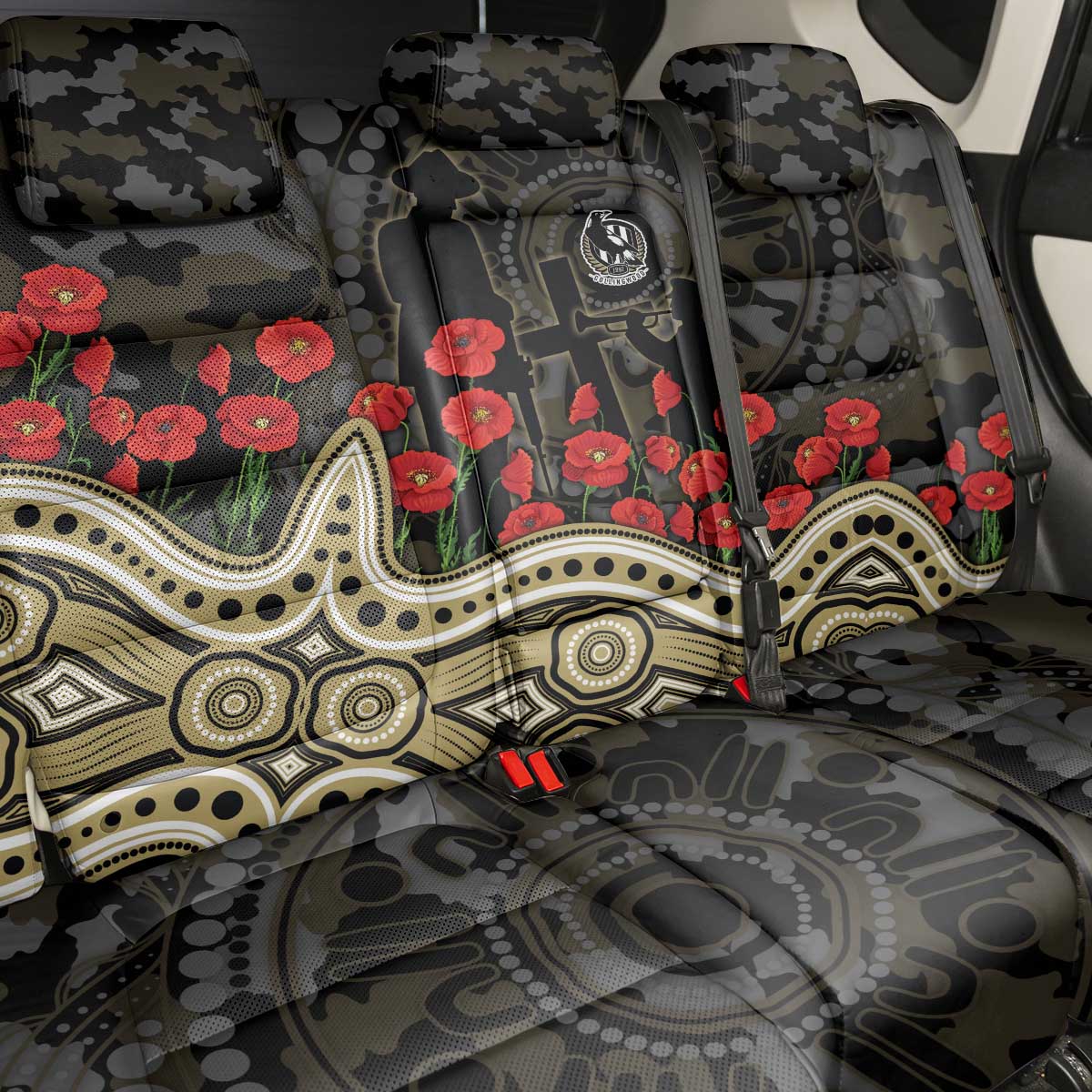 Collingwood Magpies ANZAC Day Back Car Seat Cover Indigenous Dot Art with Poppy Flower Tribute
