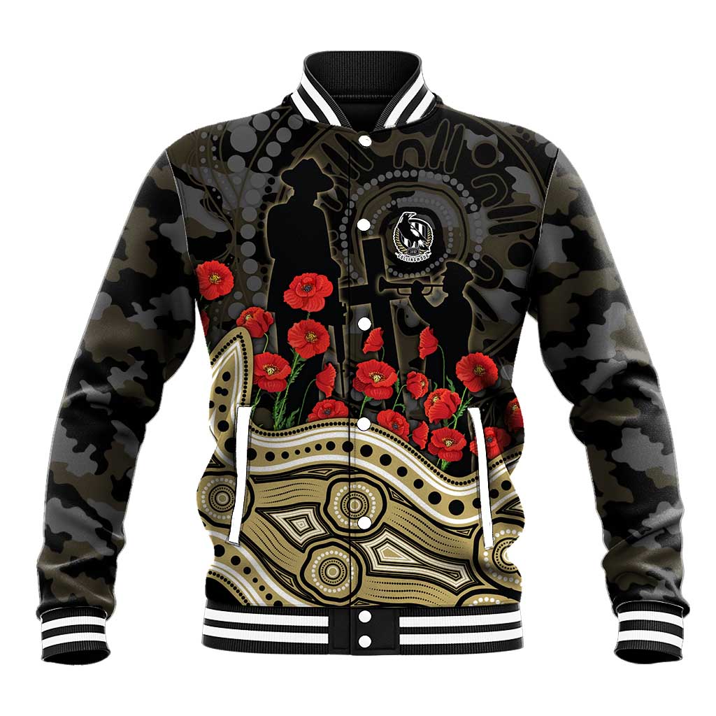 Collingwood Magpies ANZAC Day Baseball Jacket Indigenous Dot Art with Poppy Flower Tribute