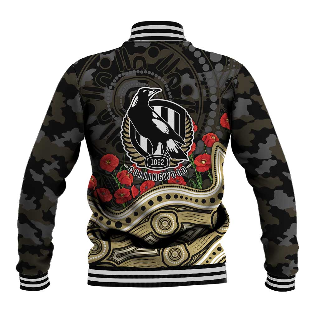 Collingwood Magpies ANZAC Day Baseball Jacket Indigenous Dot Art with Poppy Flower Tribute