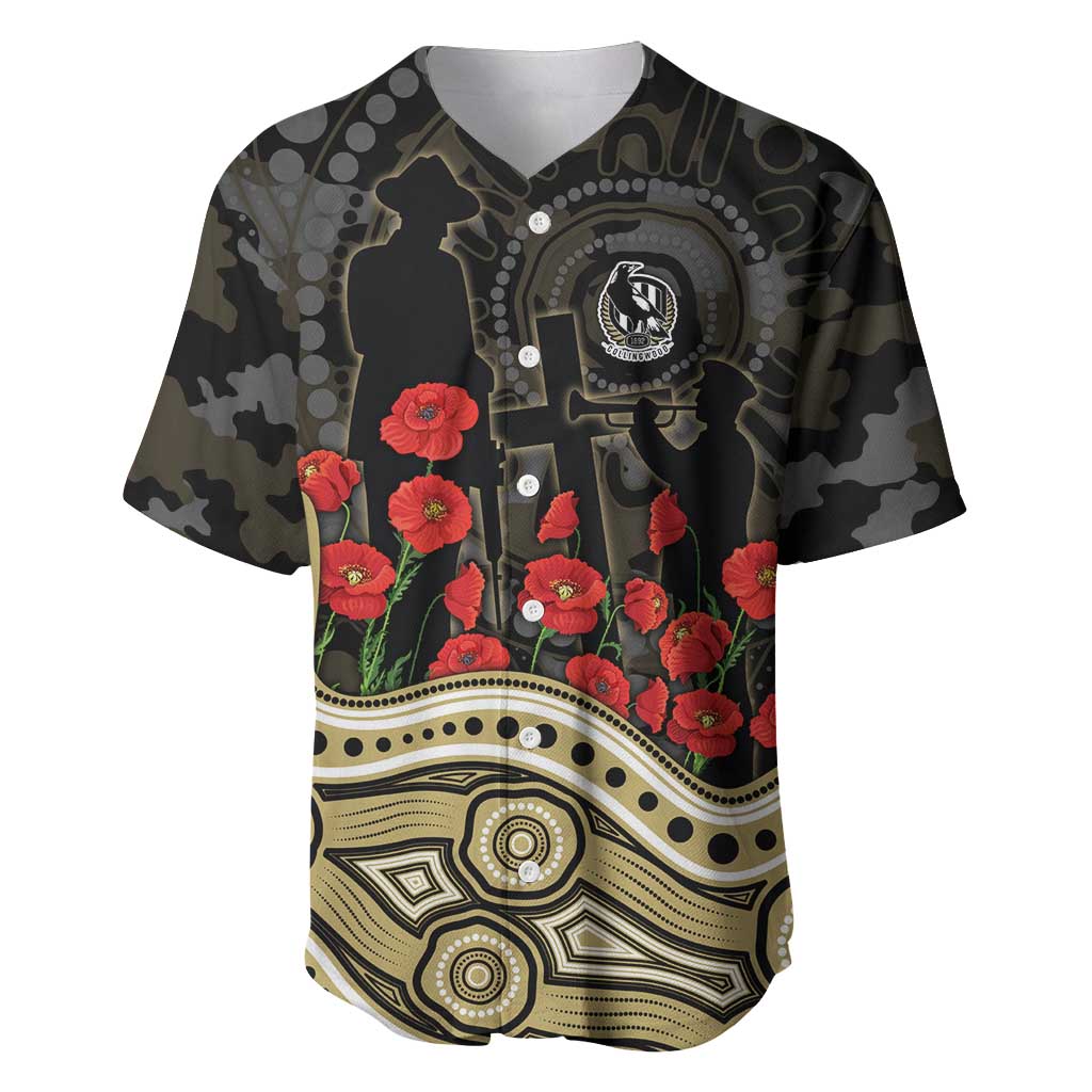 Collingwood Magpies ANZAC Day Baseball Jersey Indigenous Dot Art with Poppy Flower Tribute