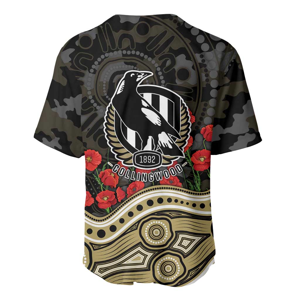 Collingwood Magpies ANZAC Day Baseball Jersey Indigenous Dot Art with Poppy Flower Tribute