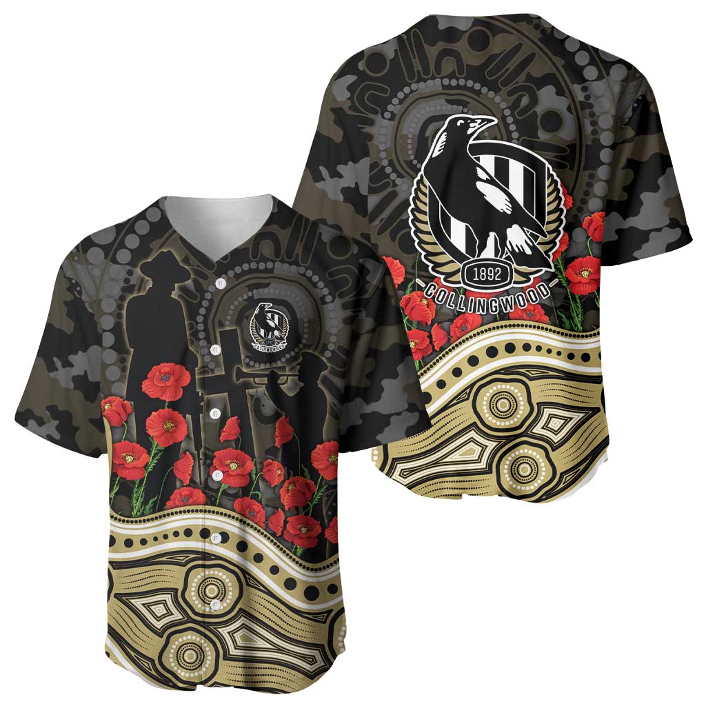 Collingwood Magpies ANZAC Day Baseball Jersey Indigenous Dot Art with Poppy Flower Tribute