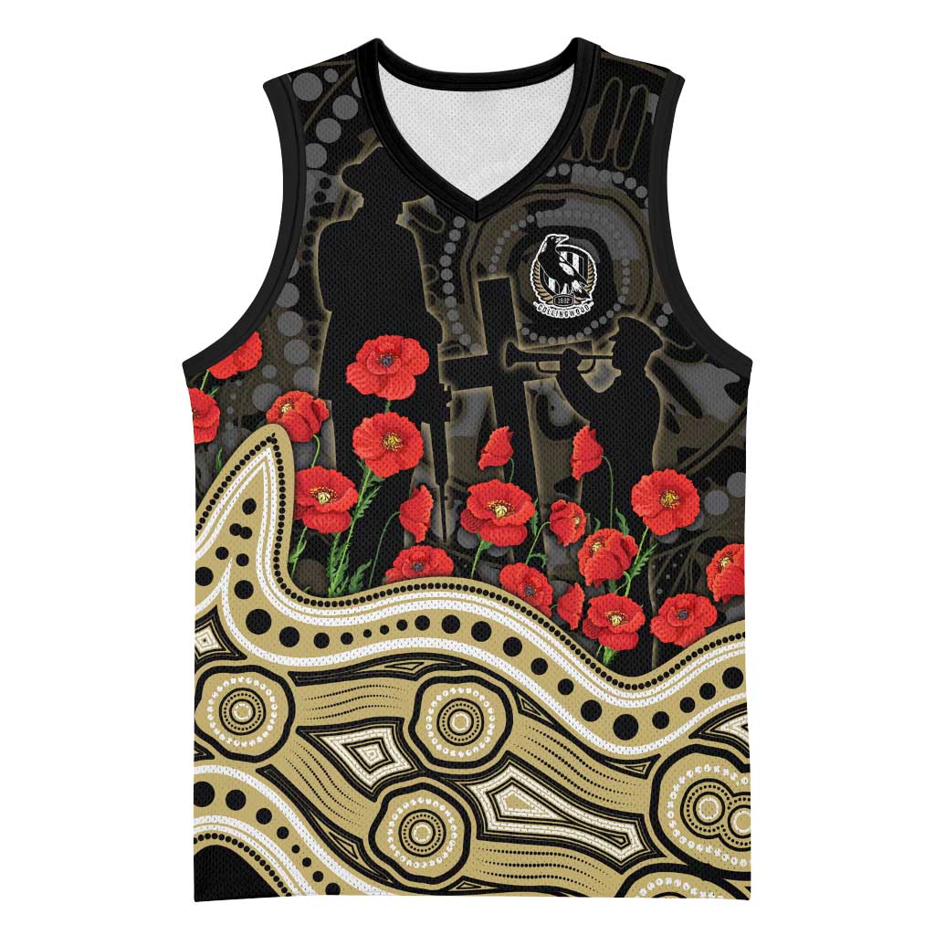 Collingwood Magpies ANZAC Day Basketball Jersey Indigenous Dot Art with Poppy Flower Tribute
