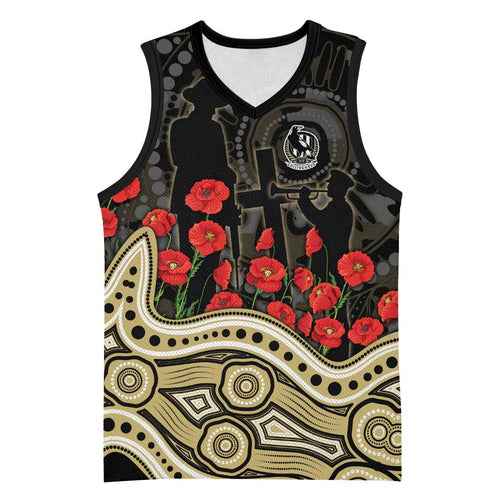Collingwood Magpies ANZAC Day Basketball Jersey Indigenous Dot Art with Poppy Flower Tribute