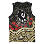 Collingwood Magpies ANZAC Day Basketball Jersey Indigenous Dot Art with Poppy Flower Tribute