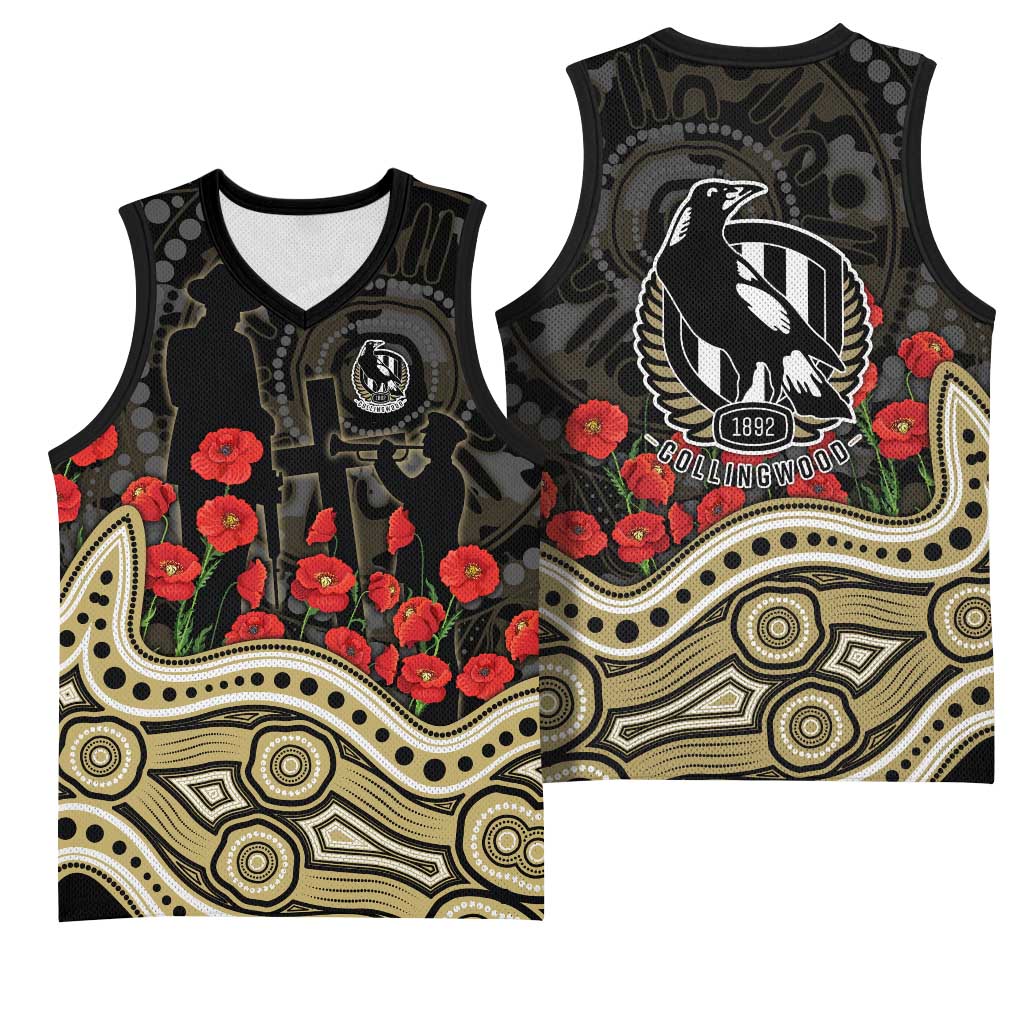Collingwood Magpies ANZAC Day Basketball Jersey Indigenous Dot Art with Poppy Flower Tribute