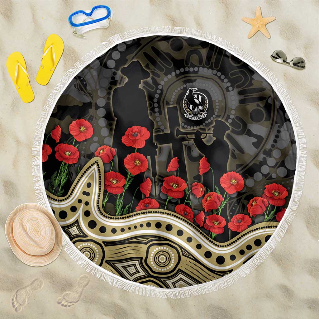 Collingwood Magpies ANZAC Day Beach Blanket Indigenous Dot Art with Poppy Flower Tribute