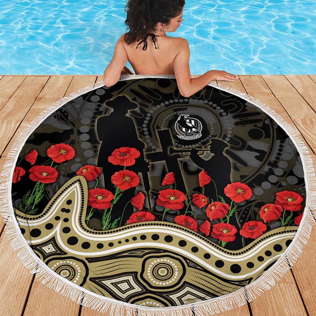 Collingwood Magpies ANZAC Day Beach Blanket Indigenous Dot Art with Poppy Flower Tribute