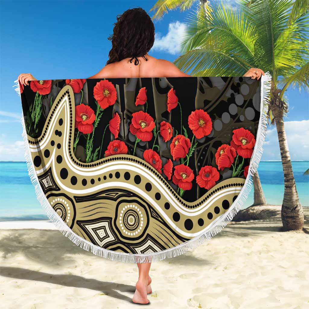 Collingwood Magpies ANZAC Day Beach Blanket Indigenous Dot Art with Poppy Flower Tribute