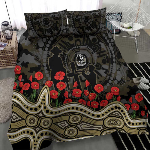Collingwood Magpies ANZAC Day Bedding Set Indigenous Dot Art with Poppy Flower Tribute