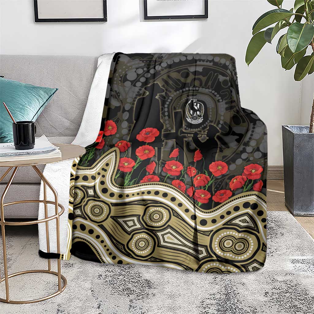Collingwood Magpies ANZAC Day Blanket Indigenous Dot Art with Poppy Flower Tribute
