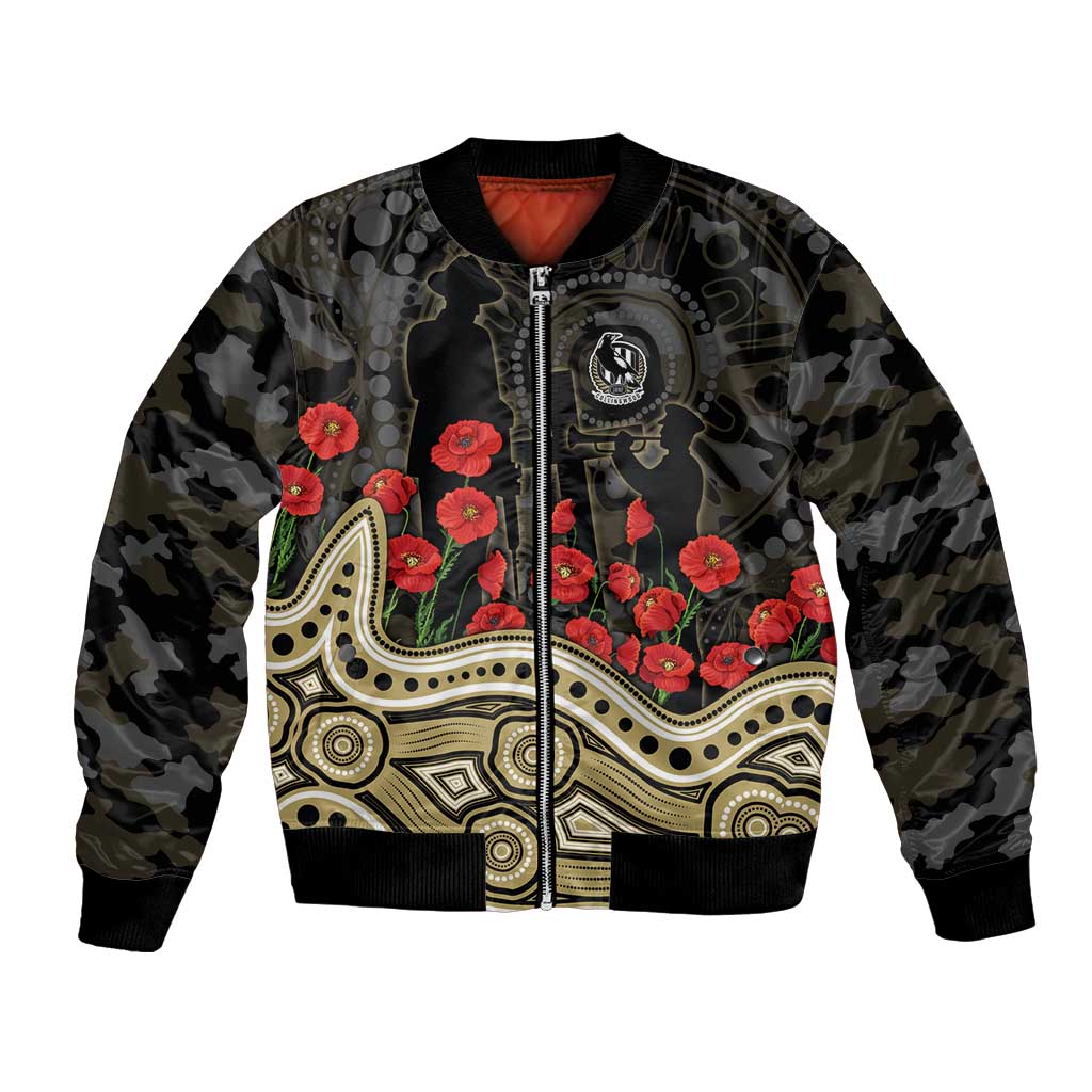 Collingwood Magpies ANZAC Day Bomber Jacket Indigenous Dot Art with Poppy Flower Tribute