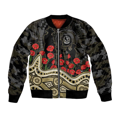 Collingwood Magpies ANZAC Day Bomber Jacket Indigenous Dot Art with Poppy Flower Tribute