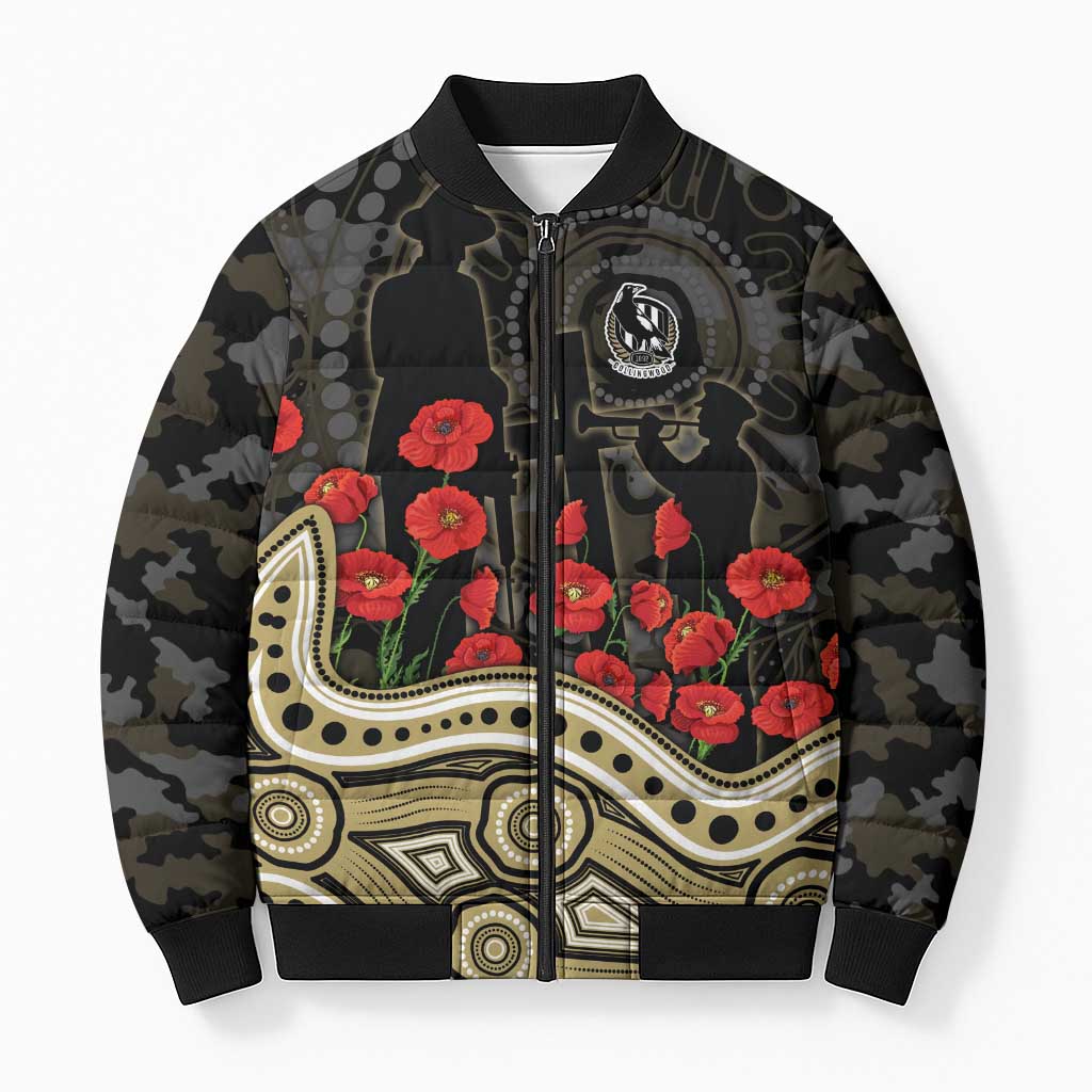 Collingwood Magpies ANZAC Day Bomber Puffer Jacket Indigenous Dot Art with Poppy Flower Tribute