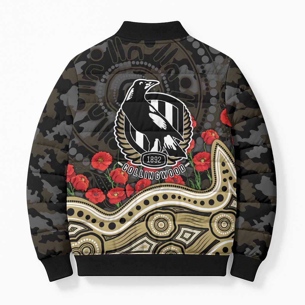Collingwood Magpies ANZAC Day Bomber Puffer Jacket Indigenous Dot Art with Poppy Flower Tribute