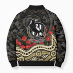 Collingwood Magpies ANZAC Day Bomber Puffer Jacket Indigenous Dot Art with Poppy Flower Tribute