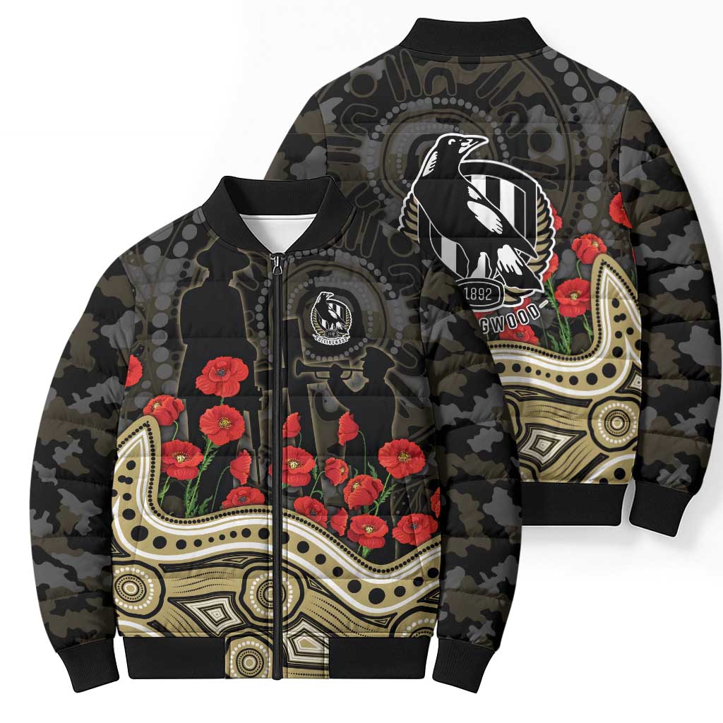 Collingwood Magpies ANZAC Day Bomber Puffer Jacket Indigenous Dot Art with Poppy Flower Tribute