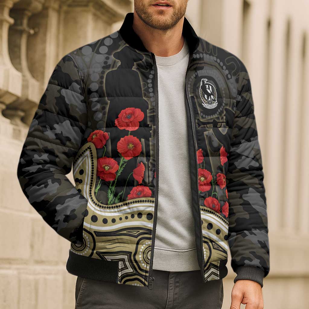 Collingwood Magpies ANZAC Day Bomber Puffer Jacket Indigenous Dot Art with Poppy Flower Tribute