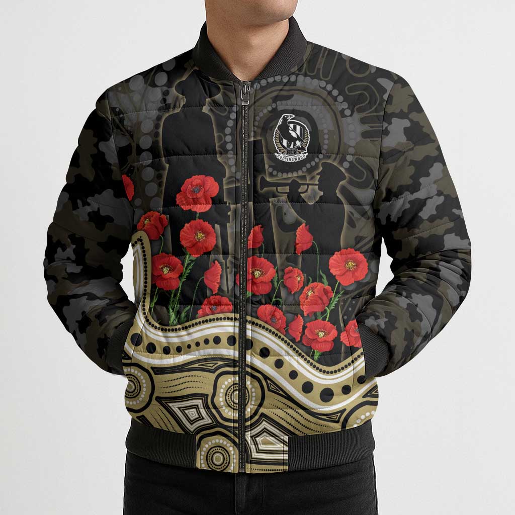 Collingwood Magpies ANZAC Day Bomber Puffer Jacket Indigenous Dot Art with Poppy Flower Tribute