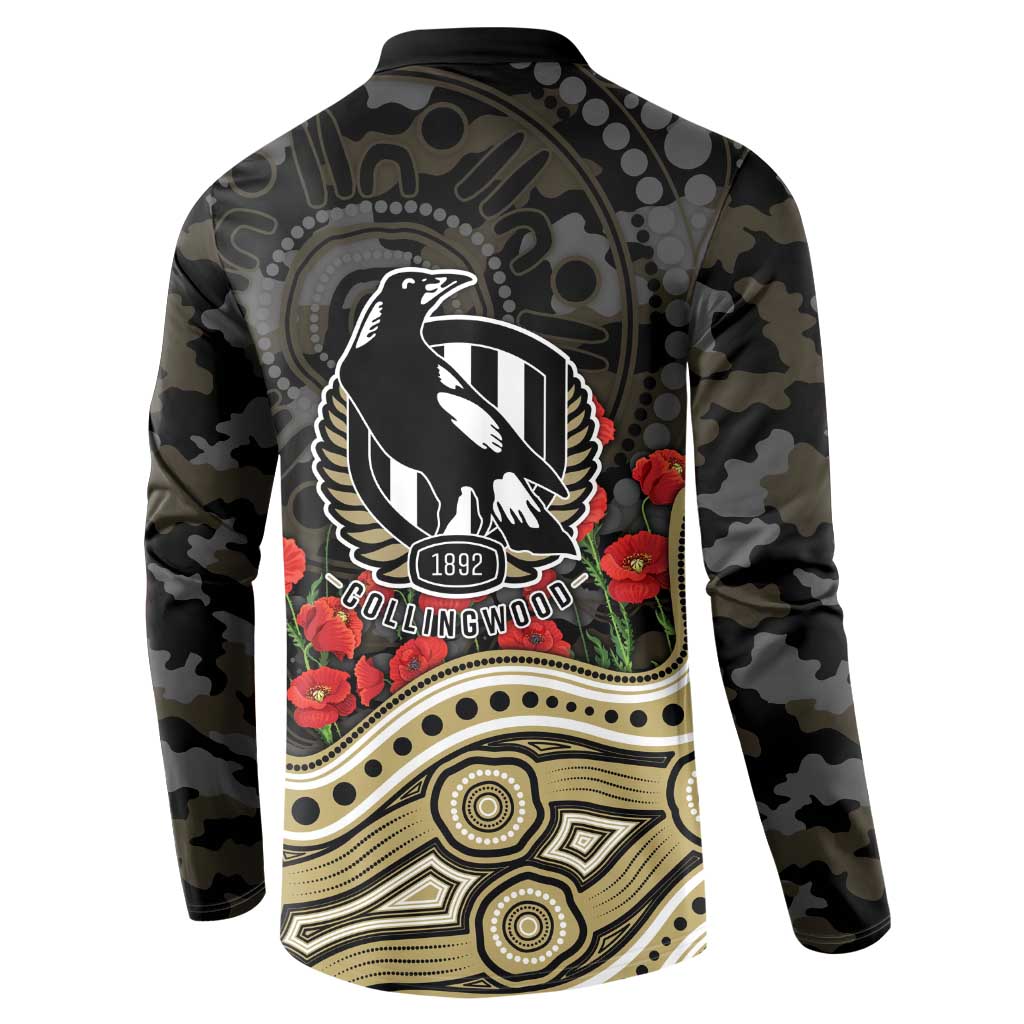 Collingwood Magpies ANZAC Day Button Sweatshirt Indigenous Dot Art with Poppy Flower Tribute
