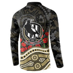 Collingwood Magpies ANZAC Day Button Sweatshirt Indigenous Dot Art with Poppy Flower Tribute
