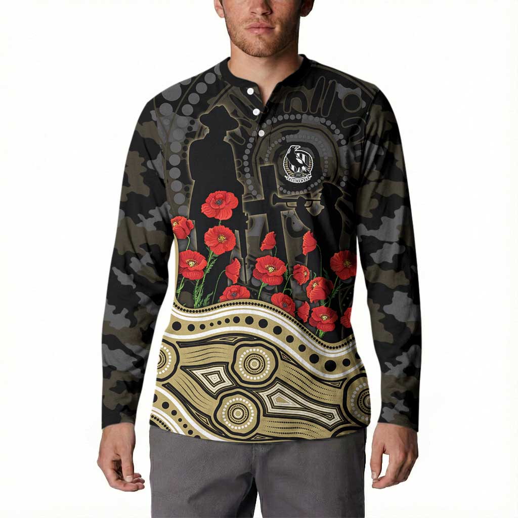 Collingwood Magpies ANZAC Day Button Sweatshirt Indigenous Dot Art with Poppy Flower Tribute