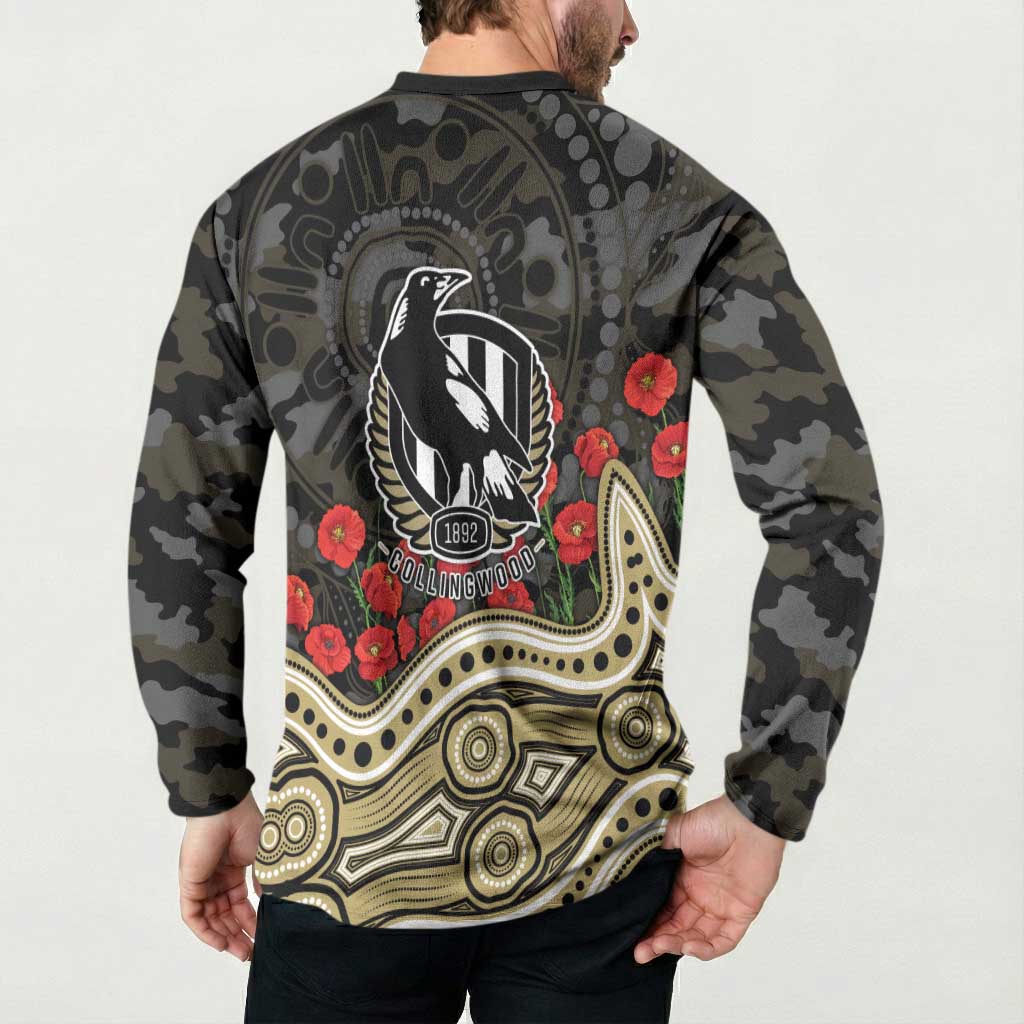 Collingwood Magpies ANZAC Day Button Sweatshirt Indigenous Dot Art with Poppy Flower Tribute