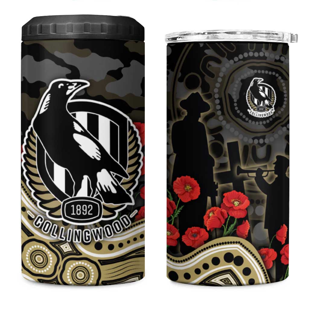 Collingwood Magpies ANZAC Day 4 in 1 Can Cooler Tumbler Indigenous Dot Art with Poppy Flower Tribute