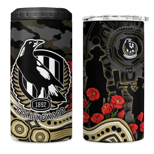 Collingwood Magpies ANZAC Day 4 in 1 Can Cooler Tumbler Indigenous Dot Art with Poppy Flower Tribute