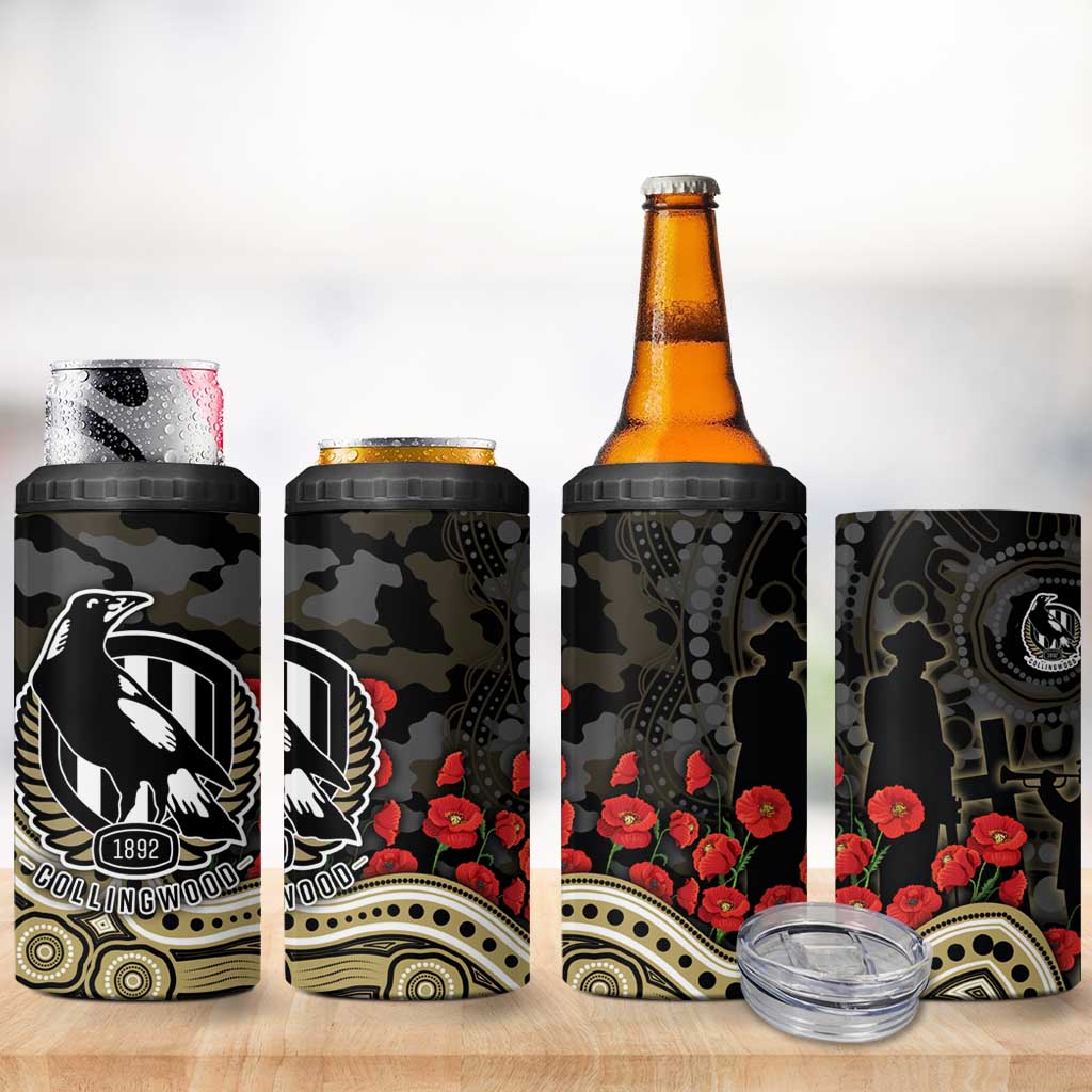 Collingwood Magpies ANZAC Day 4 in 1 Can Cooler Tumbler Indigenous Dot Art with Poppy Flower Tribute