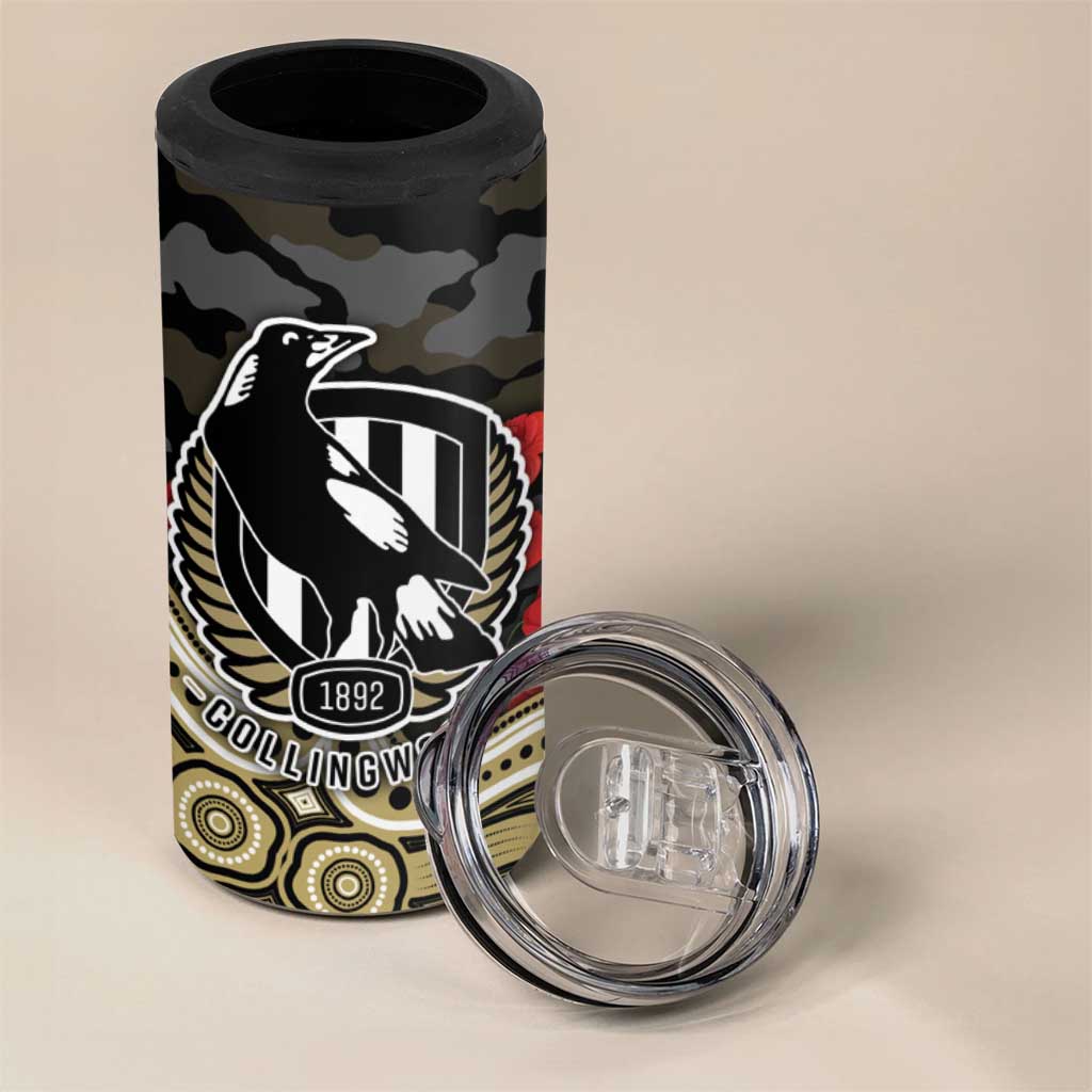 Collingwood Magpies ANZAC Day 4 in 1 Can Cooler Tumbler Indigenous Dot Art with Poppy Flower Tribute