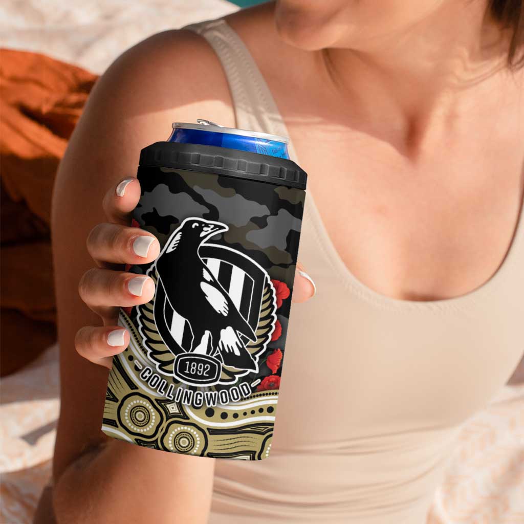 Collingwood Magpies ANZAC Day 4 in 1 Can Cooler Tumbler Indigenous Dot Art with Poppy Flower Tribute