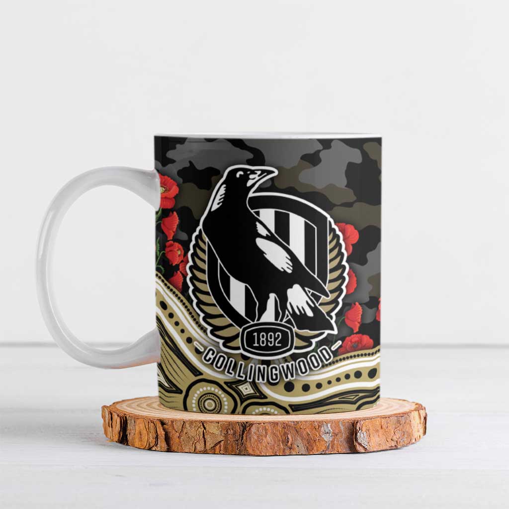 Collingwood Magpies ANZAC Day Ceramic Mug Indigenous Dot Art with Poppy Flower Tribute