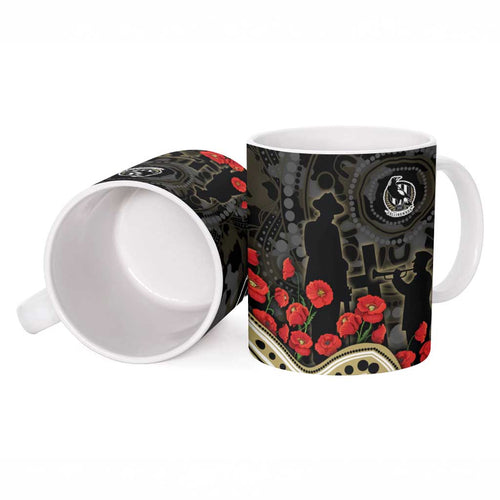 Collingwood Magpies ANZAC Day Ceramic Mug Indigenous Dot Art with Poppy Flower Tribute