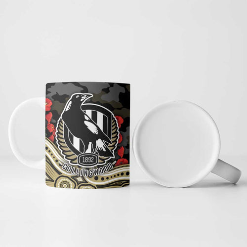 Collingwood Magpies ANZAC Day Ceramic Mug Indigenous Dot Art with Poppy Flower Tribute