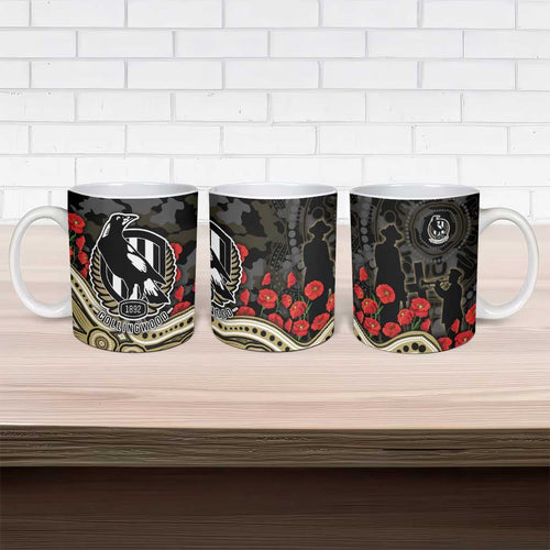 Collingwood Magpies ANZAC Day Ceramic Mug Indigenous Dot Art with Poppy Flower Tribute