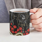 Collingwood Magpies ANZAC Day Ceramic Mug Indigenous Dot Art with Poppy Flower Tribute