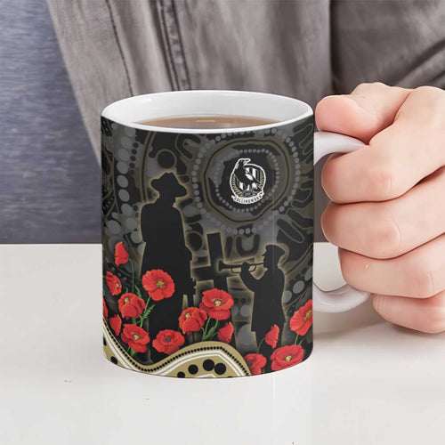 Collingwood Magpies ANZAC Day Ceramic Mug Indigenous Dot Art with Poppy Flower Tribute