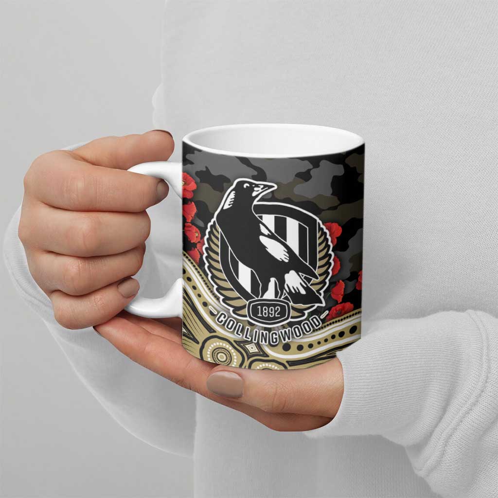 Collingwood Magpies ANZAC Day Ceramic Mug Indigenous Dot Art with Poppy Flower Tribute