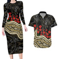 Collingwood Magpies ANZAC Day Couples Matching Long Sleeve Bodycon Dress and Hawaiian Shirt Indigenous Dot Art with Poppy Flower Tribute