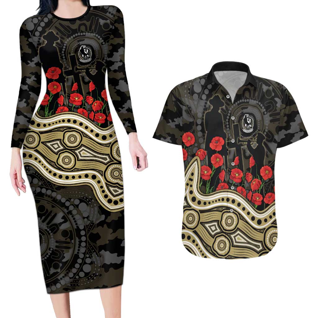 Collingwood Magpies ANZAC Day Couples Matching Long Sleeve Bodycon Dress and Hawaiian Shirt Indigenous Dot Art with Poppy Flower Tribute
