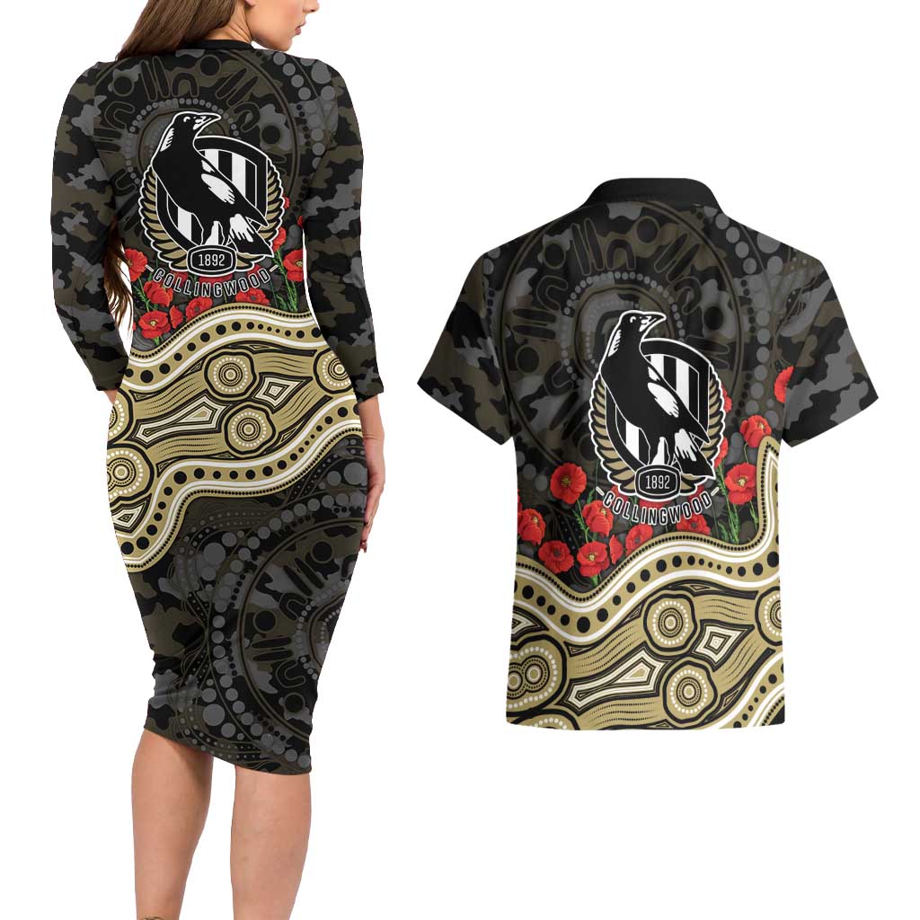 Collingwood Magpies ANZAC Day Couples Matching Long Sleeve Bodycon Dress and Hawaiian Shirt Indigenous Dot Art with Poppy Flower Tribute
