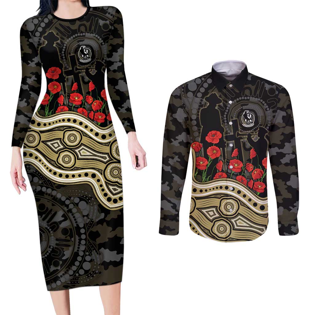 Collingwood Magpies ANZAC Day Couples Matching Long Sleeve Bodycon Dress and Long Sleeve Button Shirt Indigenous Dot Art with Poppy Flower Tribute