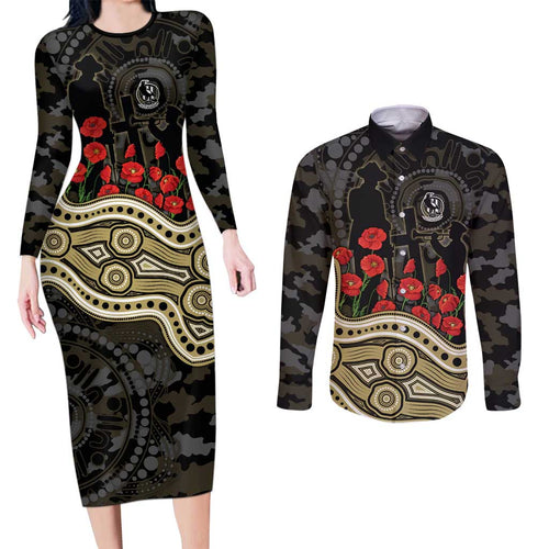 Collingwood Magpies ANZAC Day Couples Matching Long Sleeve Bodycon Dress and Long Sleeve Button Shirt Indigenous Dot Art with Poppy Flower Tribute