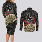 Collingwood Magpies ANZAC Day Couples Matching Long Sleeve Bodycon Dress and Long Sleeve Button Shirt Indigenous Dot Art with Poppy Flower Tribute