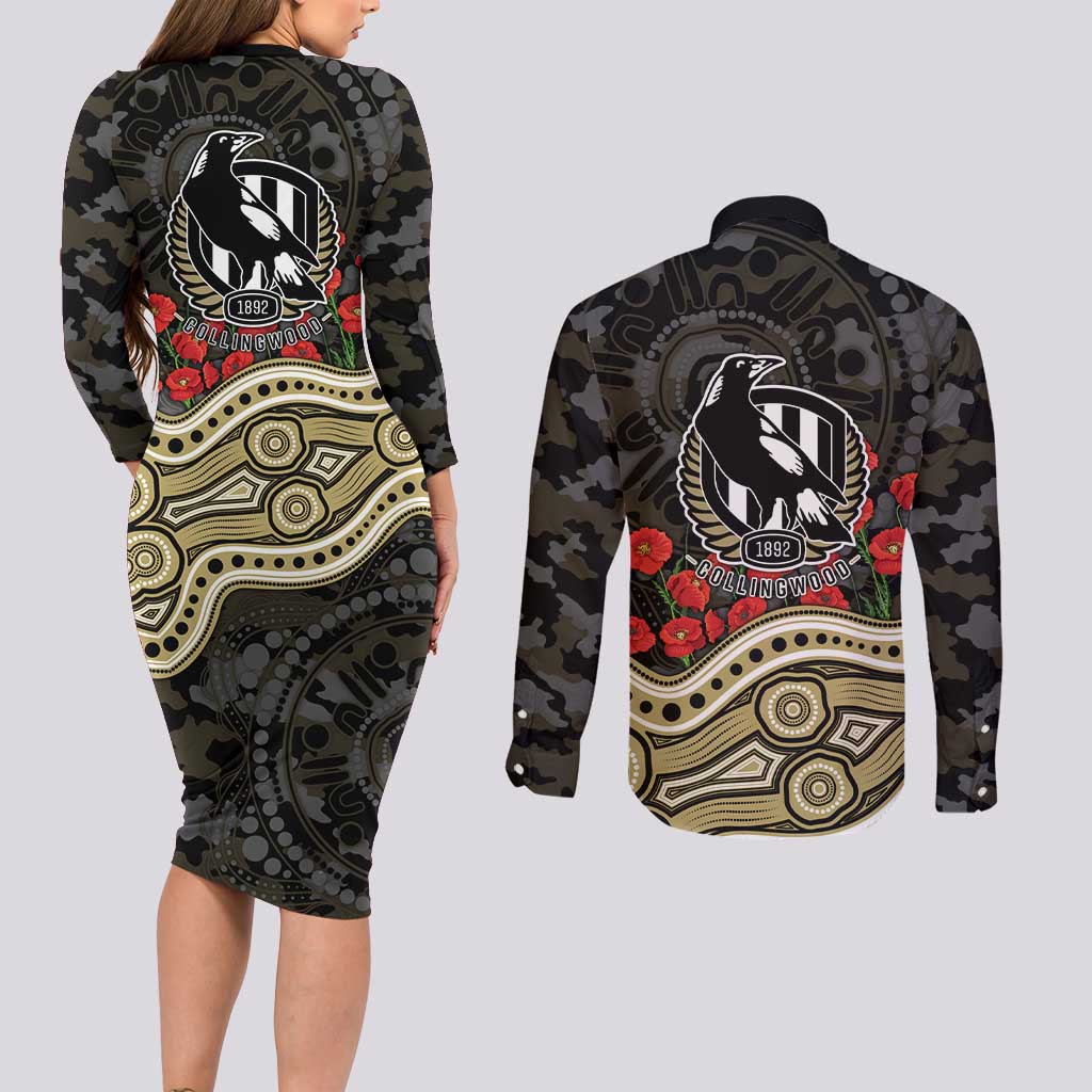 Collingwood Magpies ANZAC Day Couples Matching Long Sleeve Bodycon Dress and Long Sleeve Button Shirt Indigenous Dot Art with Poppy Flower Tribute