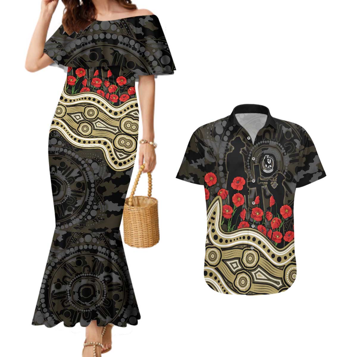 Collingwood Magpies ANZAC Day Couples Matching Mermaid Dress and Hawaiian Shirt Indigenous Dot Art with Poppy Flower Tribute