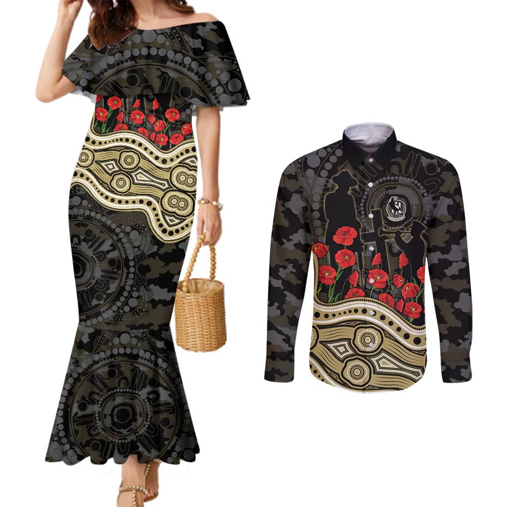 Collingwood Magpies ANZAC Day Couples Matching Mermaid Dress and Long Sleeve Button Shirt Indigenous Dot Art with Poppy Flower Tribute