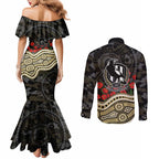 Collingwood Magpies ANZAC Day Couples Matching Mermaid Dress and Long Sleeve Button Shirt Indigenous Dot Art with Poppy Flower Tribute